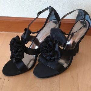 Satin, black bows/flower heels